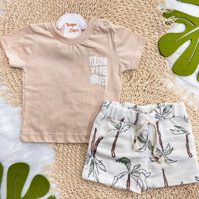 Conj. Camiseta Follow The Waves e Bermuda em Linho Coqueiros Coloridos - Creme